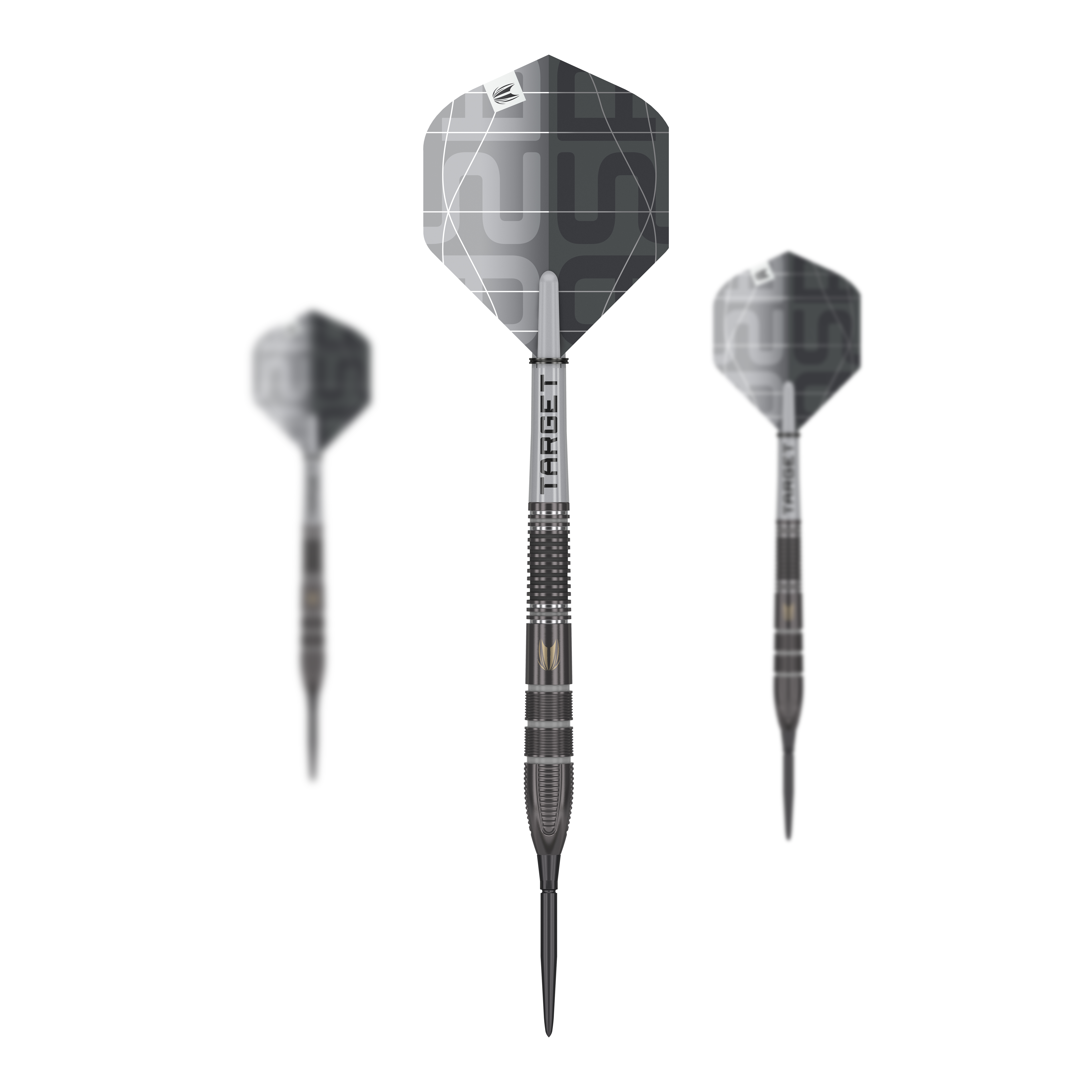 Das Bild zeigt drei Steeldarts des Modells "Target Nathan Aspinall X Echo Swiss Point". Die Darts haben ein modernes, silber-schwarzes Design mit dem Schriftzug "TARGET" auf dem Schaft.